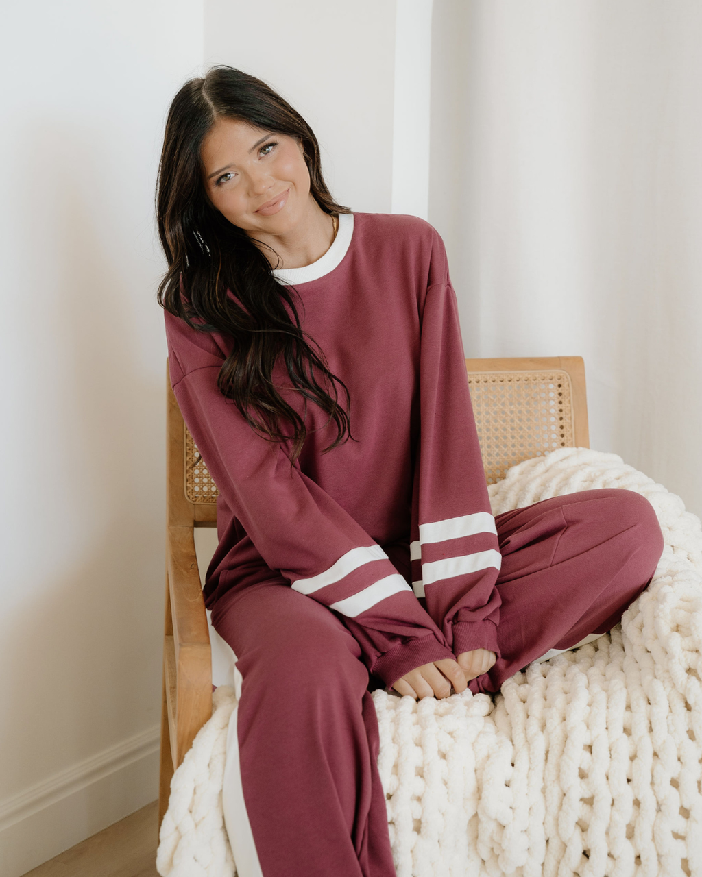Jordyn Varsity Stripe  Drawstring Wide Leg Pant Set - Mineral Red