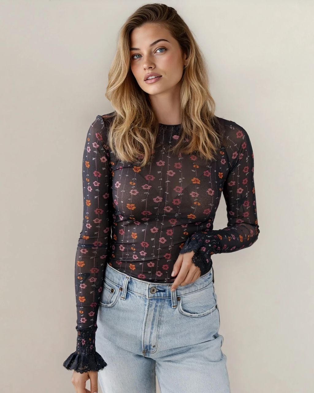 Samantha Floral Print Smocked Cuff Slim Fit Mesh Bodysuit
