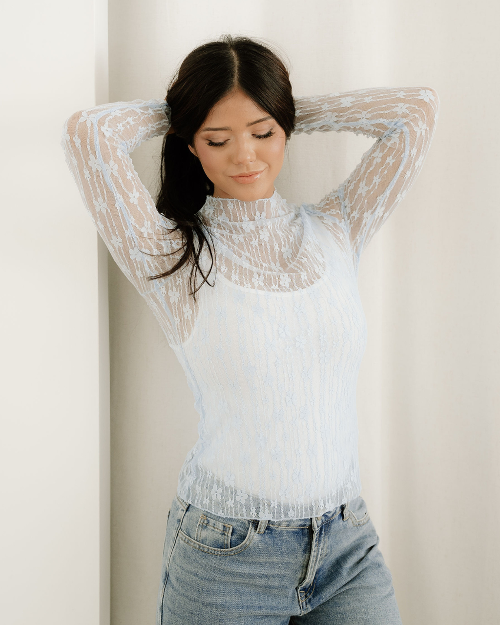 Claire Floral Lace Long Sleeve Slim Fit Top - Blue