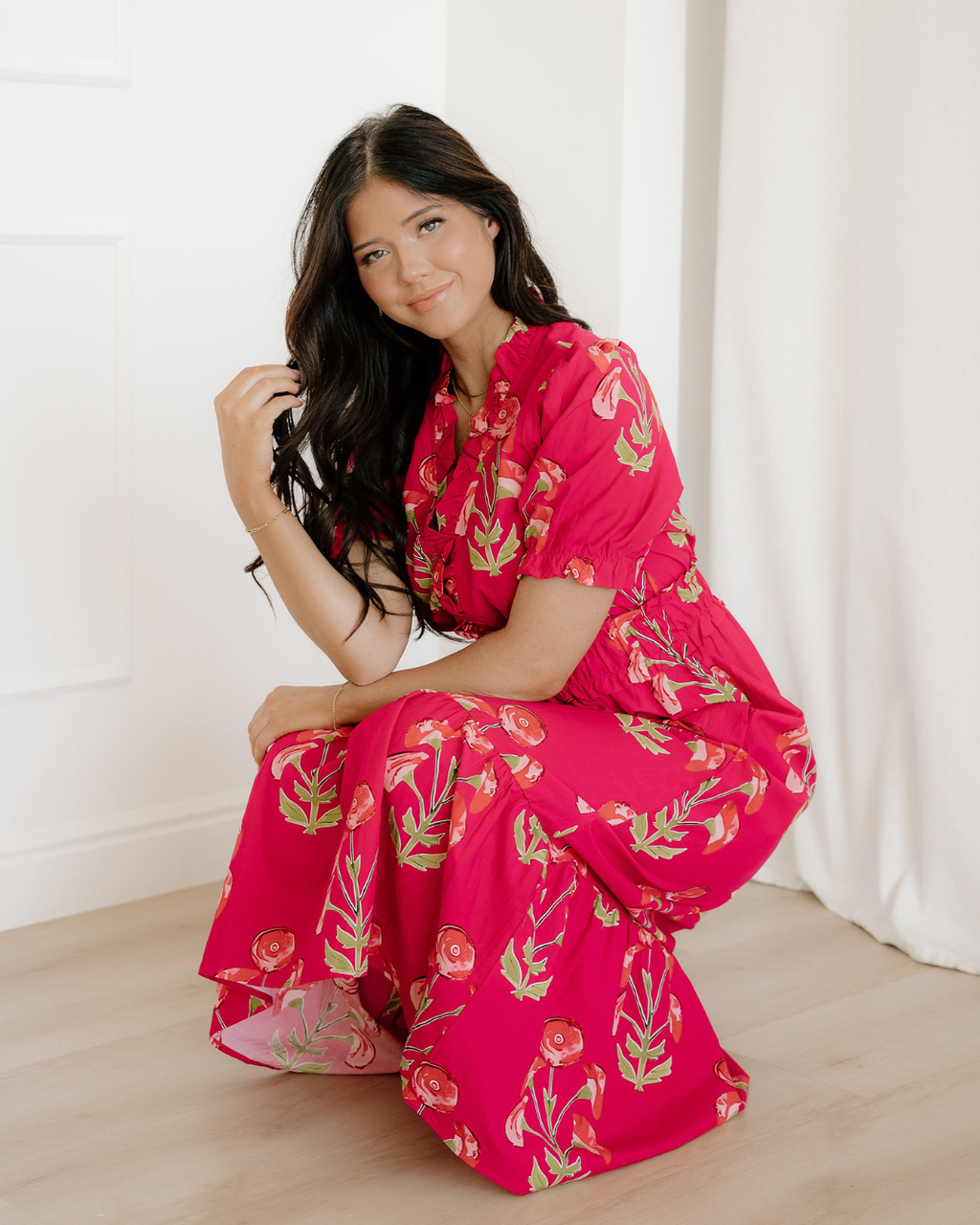 Neve Floral Print Frilled V Neck Short Sleeve Ruffle Maxi Dress