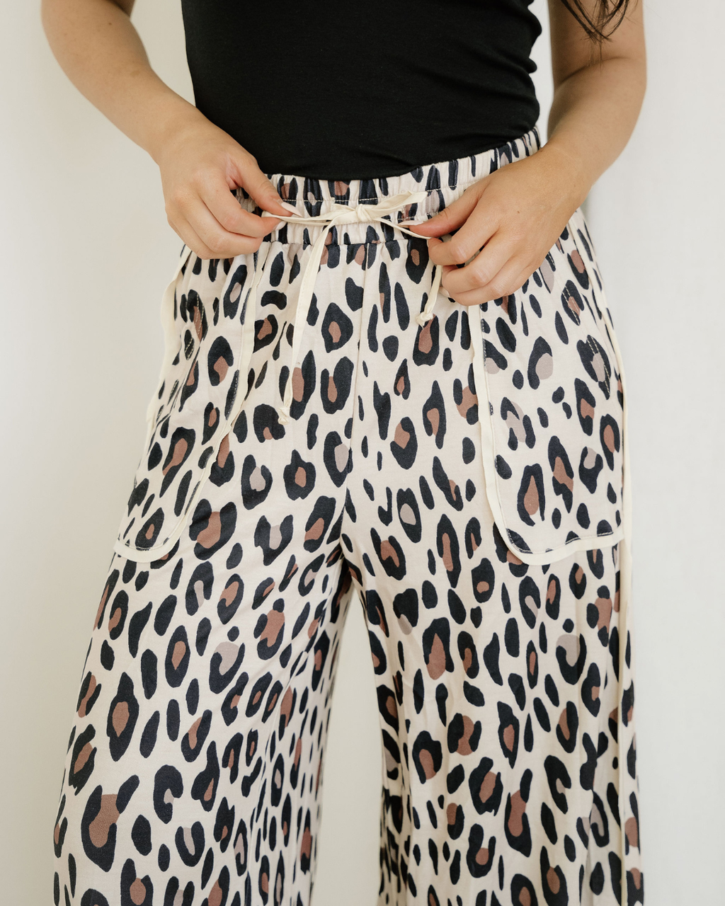 Kahlani Leopard Drawstring Wide Leg Cropped Pants