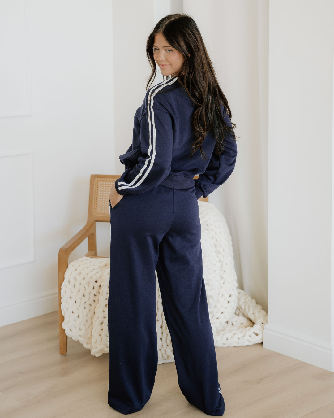 Varsity Pullover Wide Leg Pants 2pcs Outfit - Blue