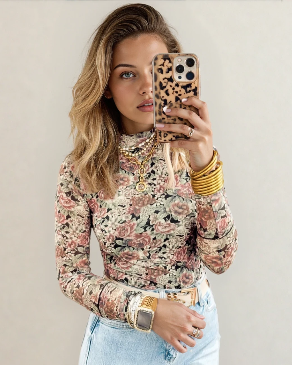 Ophelia Retro Floral Print Mock Neck Mesh Long Sleeve Top - Black