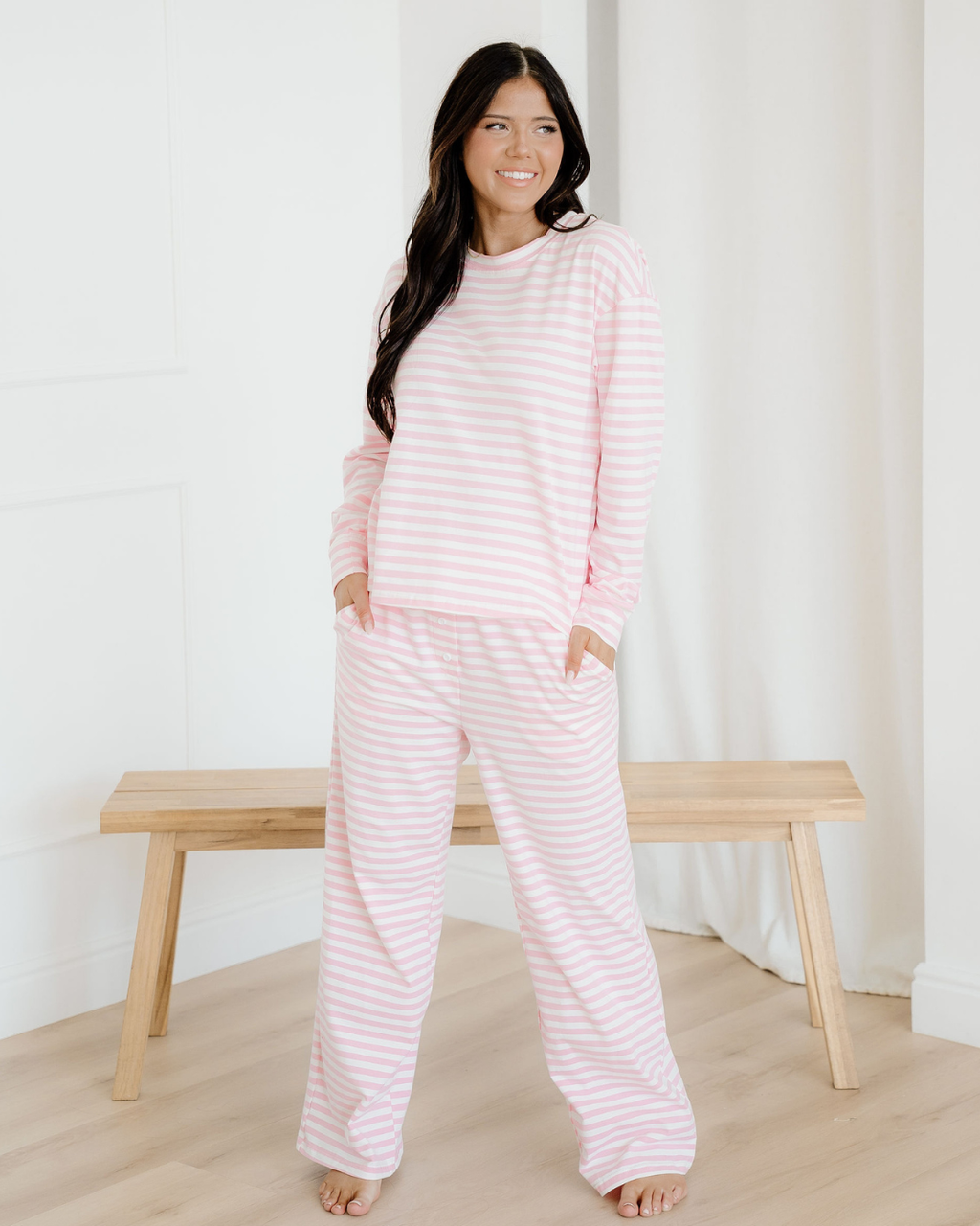 Thea Stripe Drop Shoulder Round Neck Top and Buttoned Straight Pants Two Piece Set