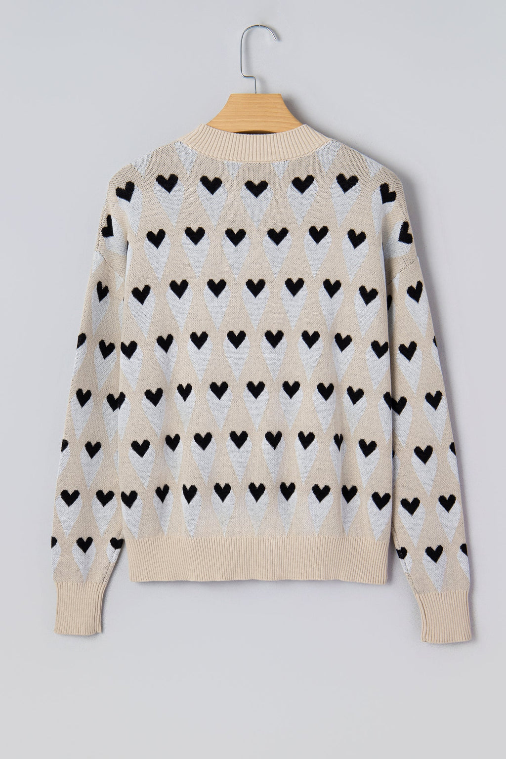 Brynlee Geometric Heart Print Ribbed Trim Loose Sweater