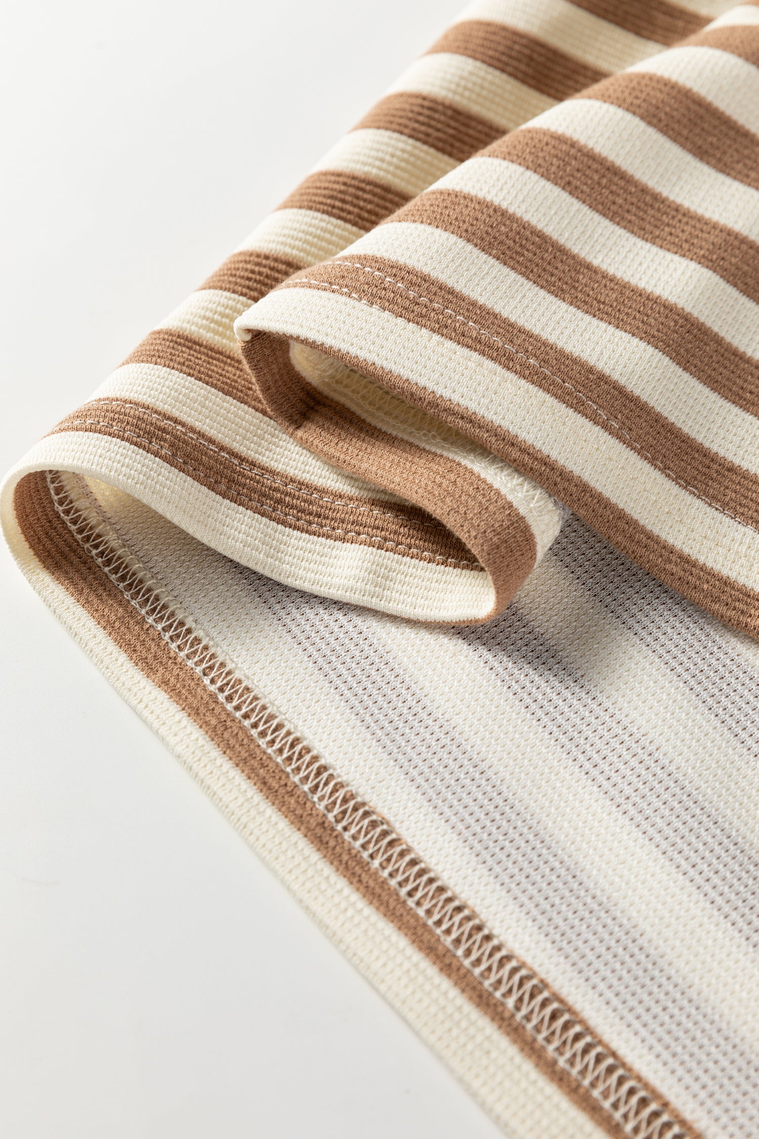Kimberly Stripe Short Puff Sleeve Contrast Trim Round Neck Tee - Brown