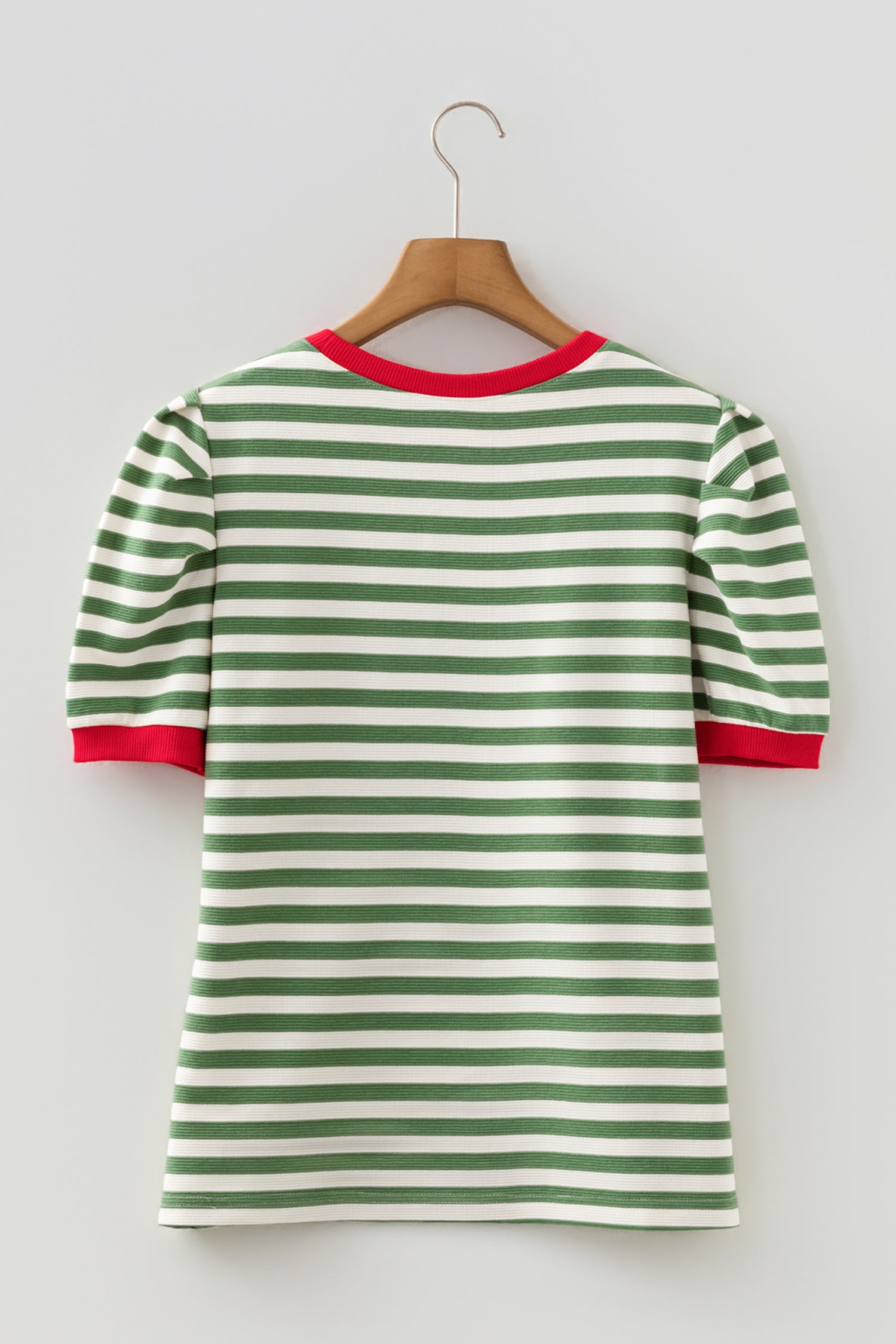 Kimberly Stripe Short Puff Sleeve Contrast Trim Round Neck Tee - Green