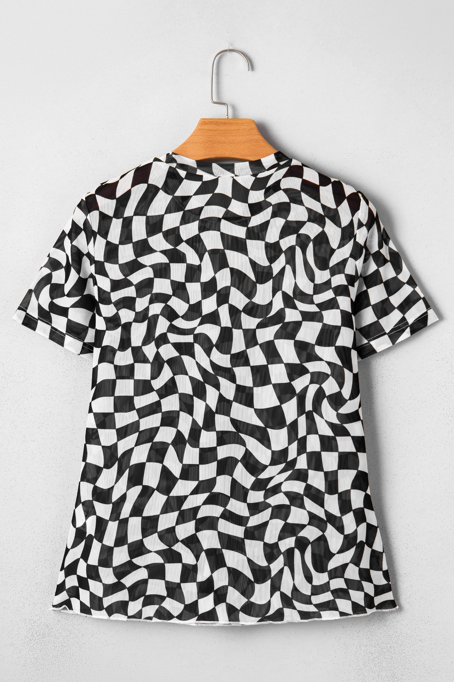 Sheer Checkered Mock Neck Mesh Short Sleeve