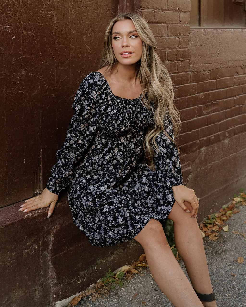 Isabella Long Sleeve Frilly Shirred Square Neck Mini Dress