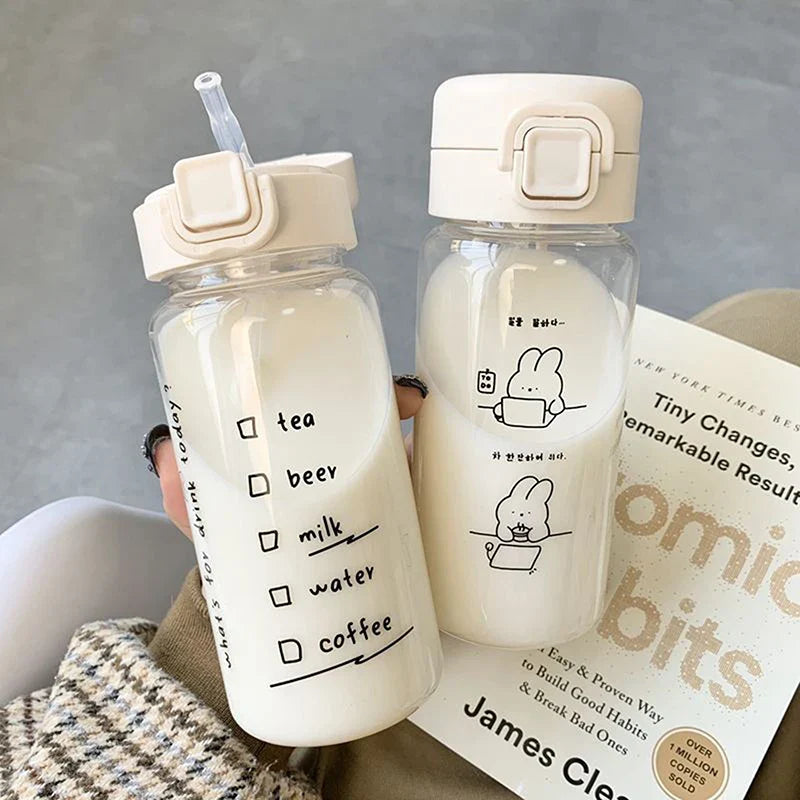 Cartoon Water Bottle With Straw | Cute Plastic Drinking Bottle for Milk, Coffee, and Tea