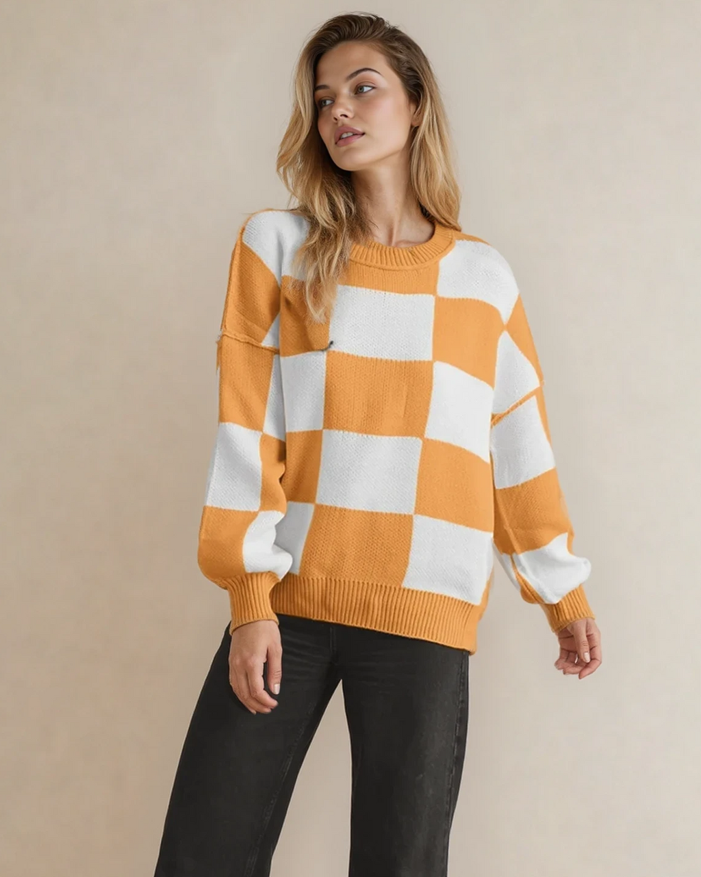 Checkered Crew Neck Sweater - Tangerine