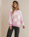 Checkered Crew Neck Sweater - Pink