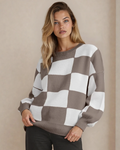 Checkered Crew Neck Sweater - Brown