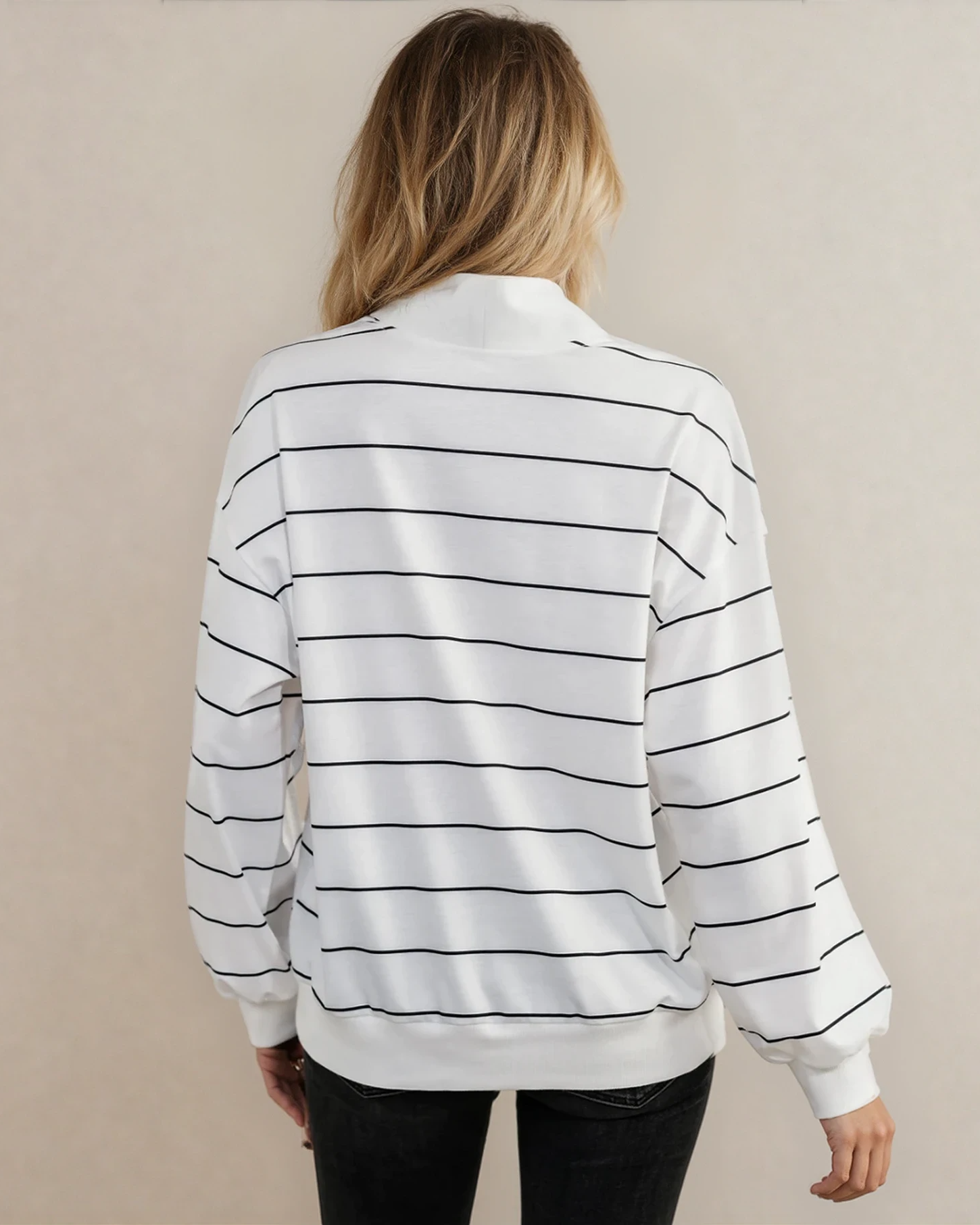 Madison Striped Zipper V-Neck Drop Sleeve Top - Black