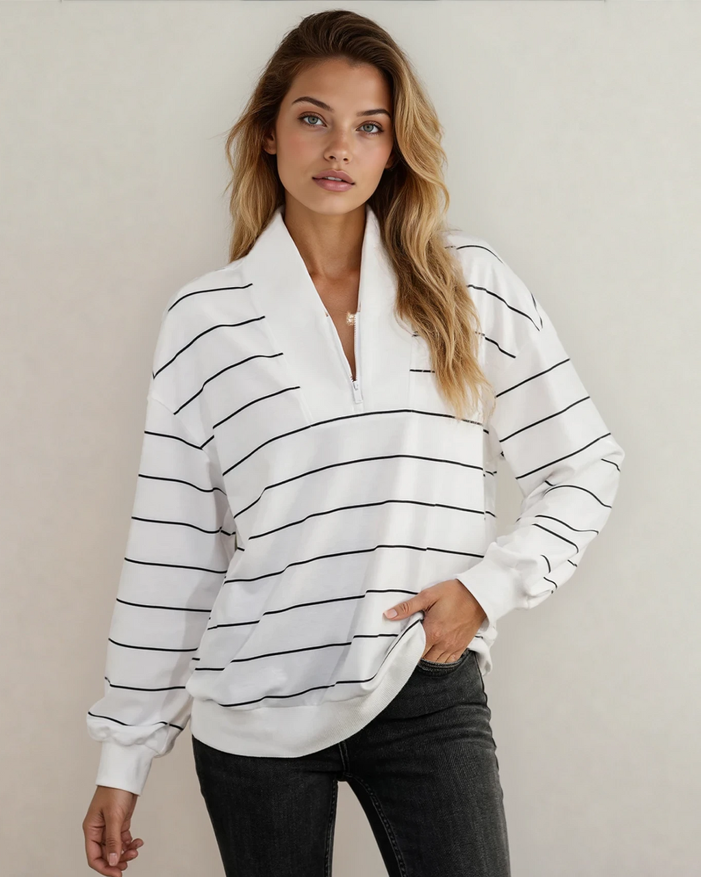 Madison Striped Zipper V-Neck Drop Sleeve Top - Black