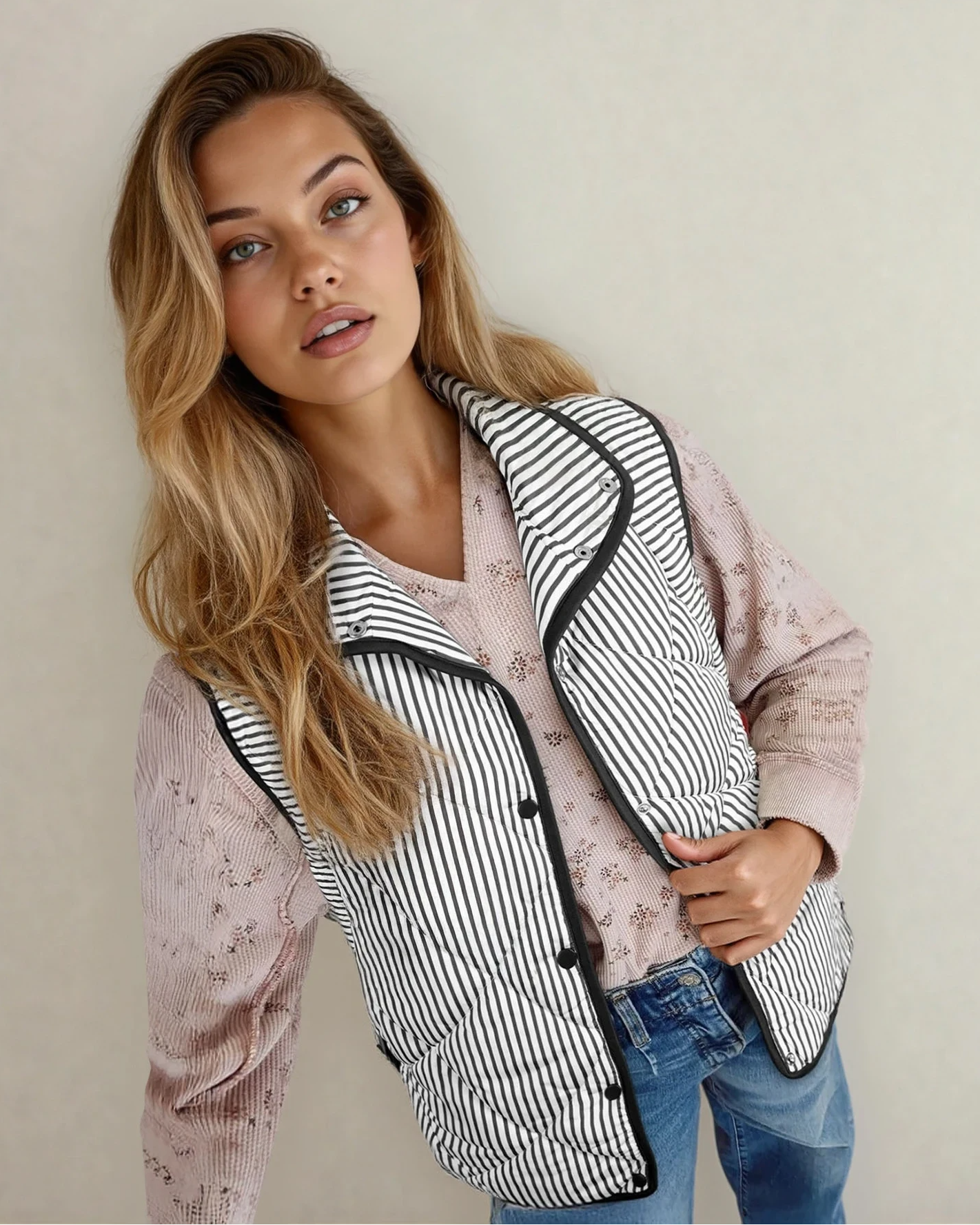 Skylar Striped Snap Button Scalloped Hem Winter Vest - Black