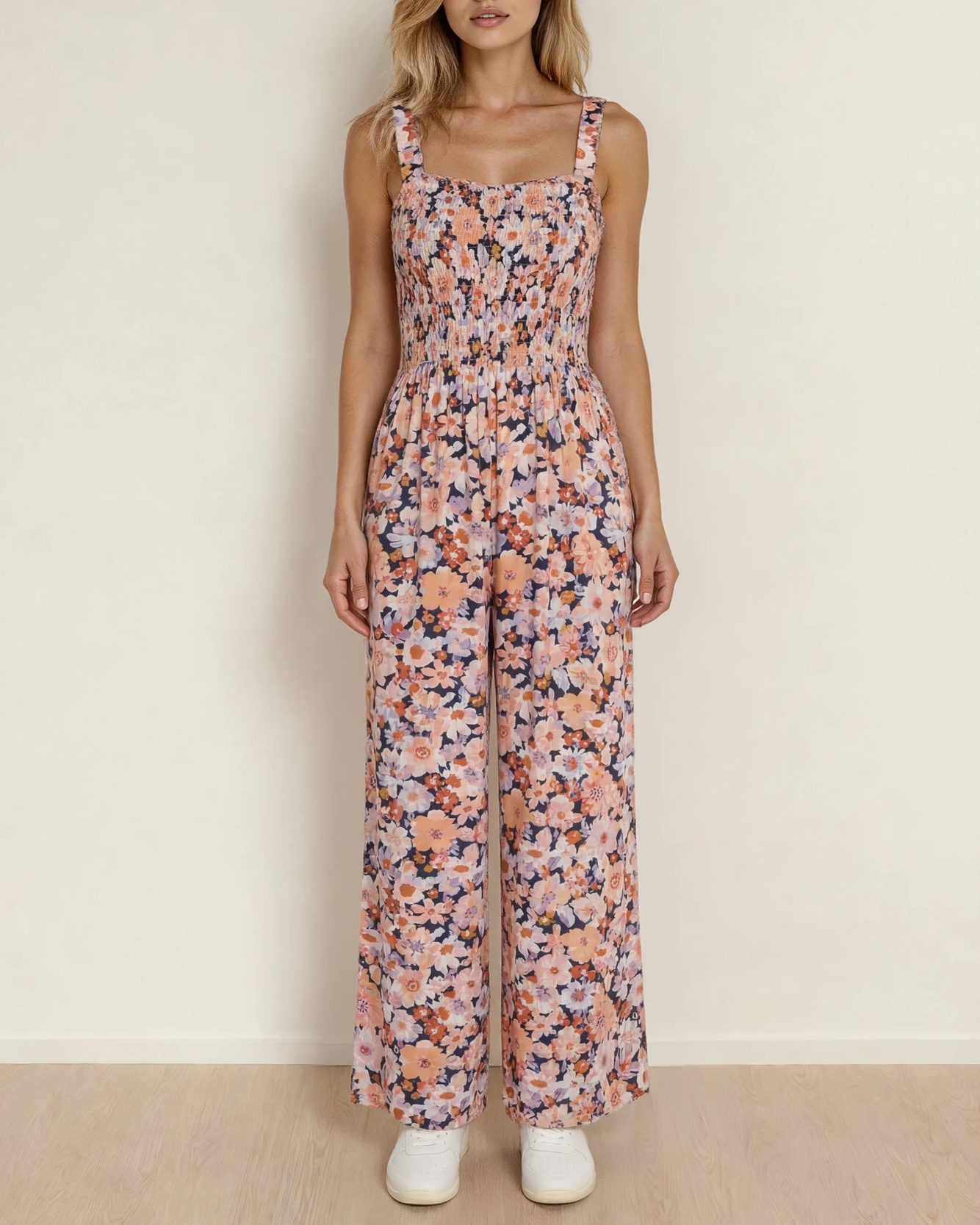 Angelica Square Neckline Stretch High Waist Jumpsuit - Pink Floral