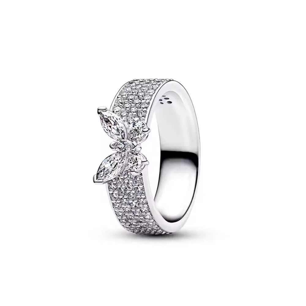 925 Sterling Silver Heart-Shaped Butterfly Flower Ring | Exquisite Charm Jewelry for Her