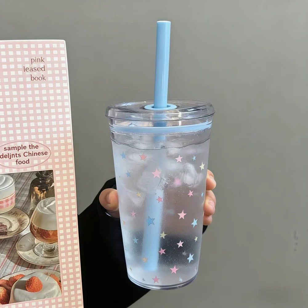 450ml Korean Style Straw Cup | Transparent Multi-Color Plastic Coffee Cup