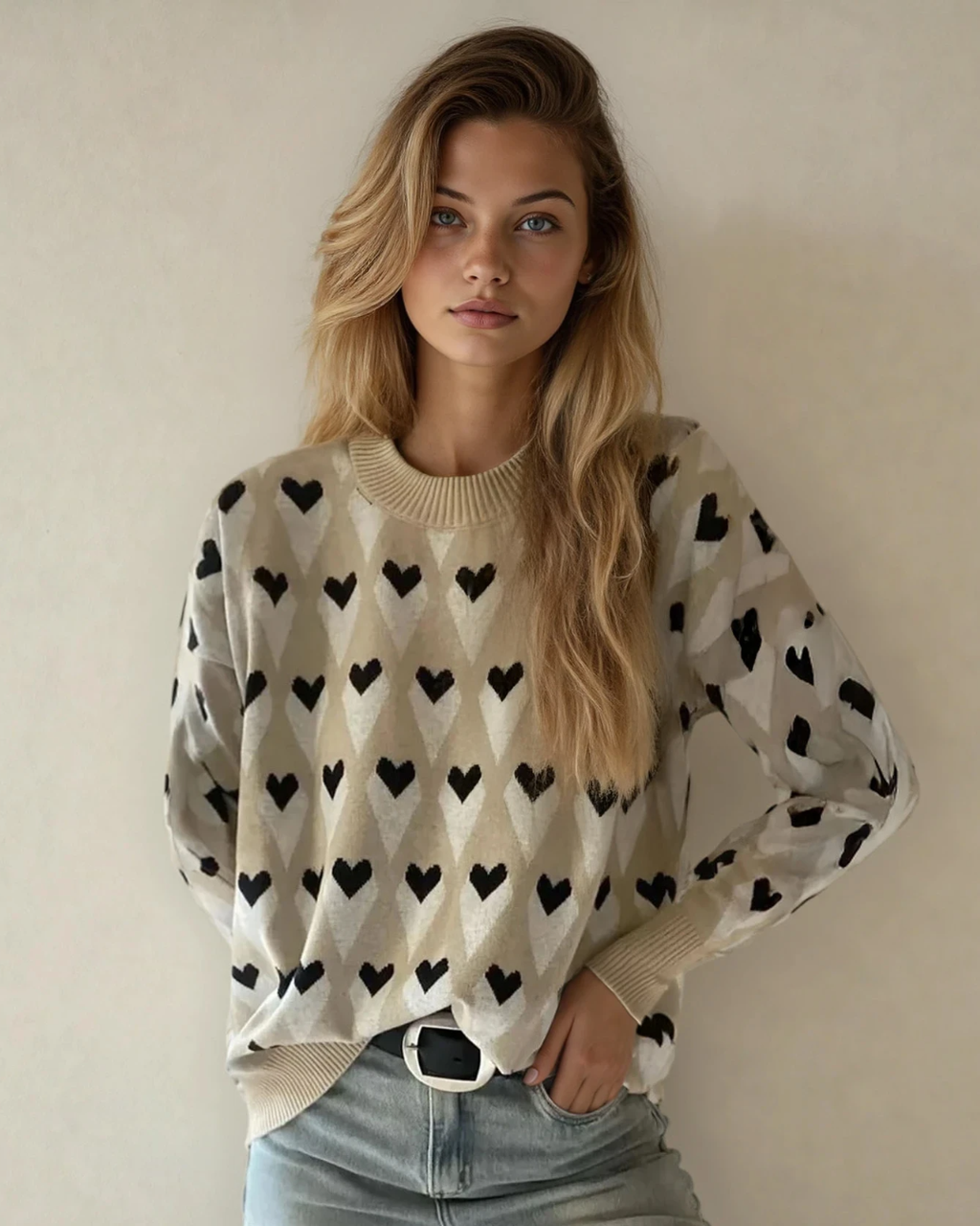 Brynlee Geometric Heart Print Ribbed Trim Loose Sweater