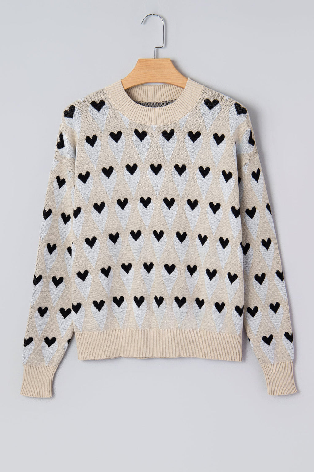 Brynlee Geometric Heart Print Ribbed Trim Loose Sweater