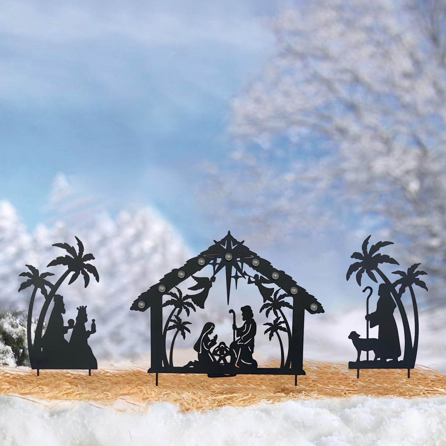 Christmas Garden Jesus Scene Decor, Solar Lighted Outdoor Nativity Set with 9 LED Lights, Christmas Decoration for Indoor Outdoor Holiday Party Garden Yard Lawn Decor