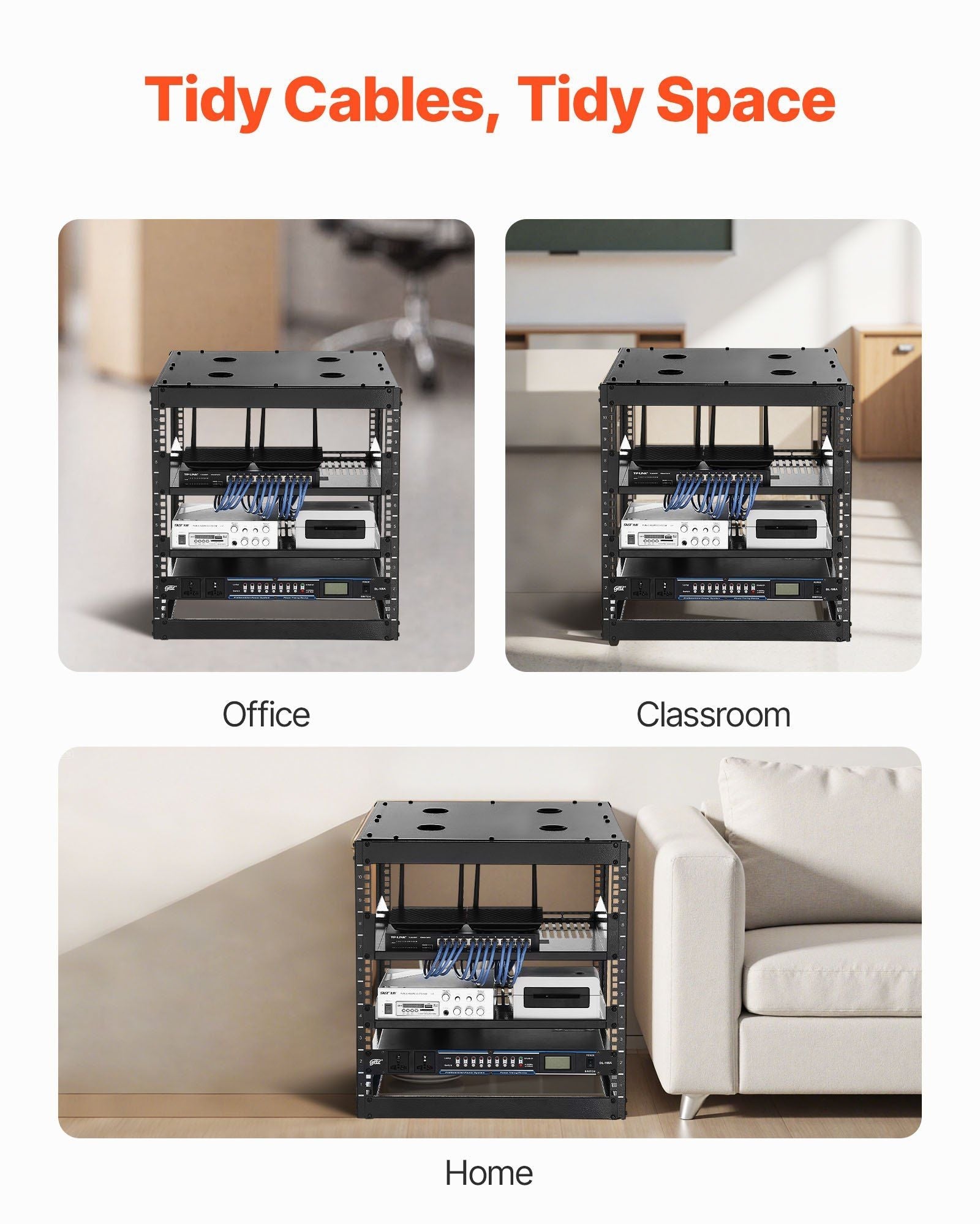 10U Open Frame Network Rack, 23 in Depth, Wall Mounted or Floor Standing Server Rack, Heavy Duty 4 Post, with Vented Shelves & Mounting Hardware, Holds All Your Networking IT Equipment AV Gear