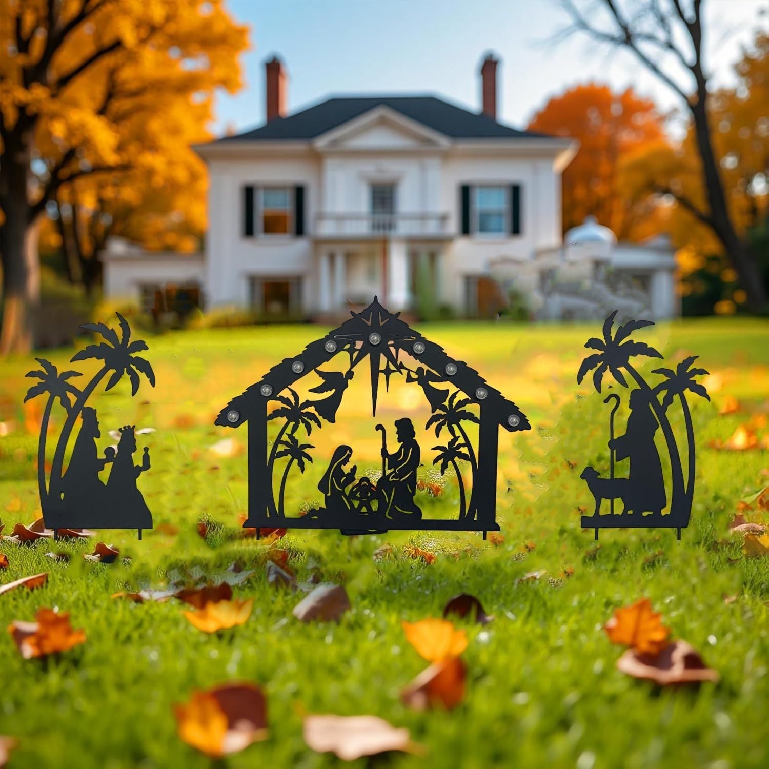 Christmas Garden Jesus Scene Decor, Solar Lighted Outdoor Nativity Set with 9 LED Lights, Christmas Decoration for Indoor Outdoor Holiday Party Garden Yard Lawn Decor