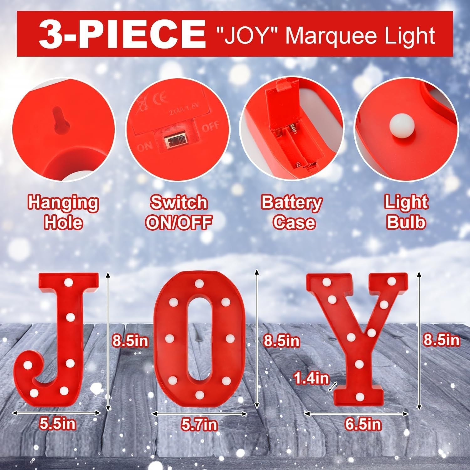 Christmas Decorations Indoor Home Decor - 3 LED 8.5 Inches Marquee Light Up Joy Letters Lights Sign, Battery Operated Christmas Signs for Mantel Home Bar Party Bedroom Wall Fireplace Xmas Decor, Red