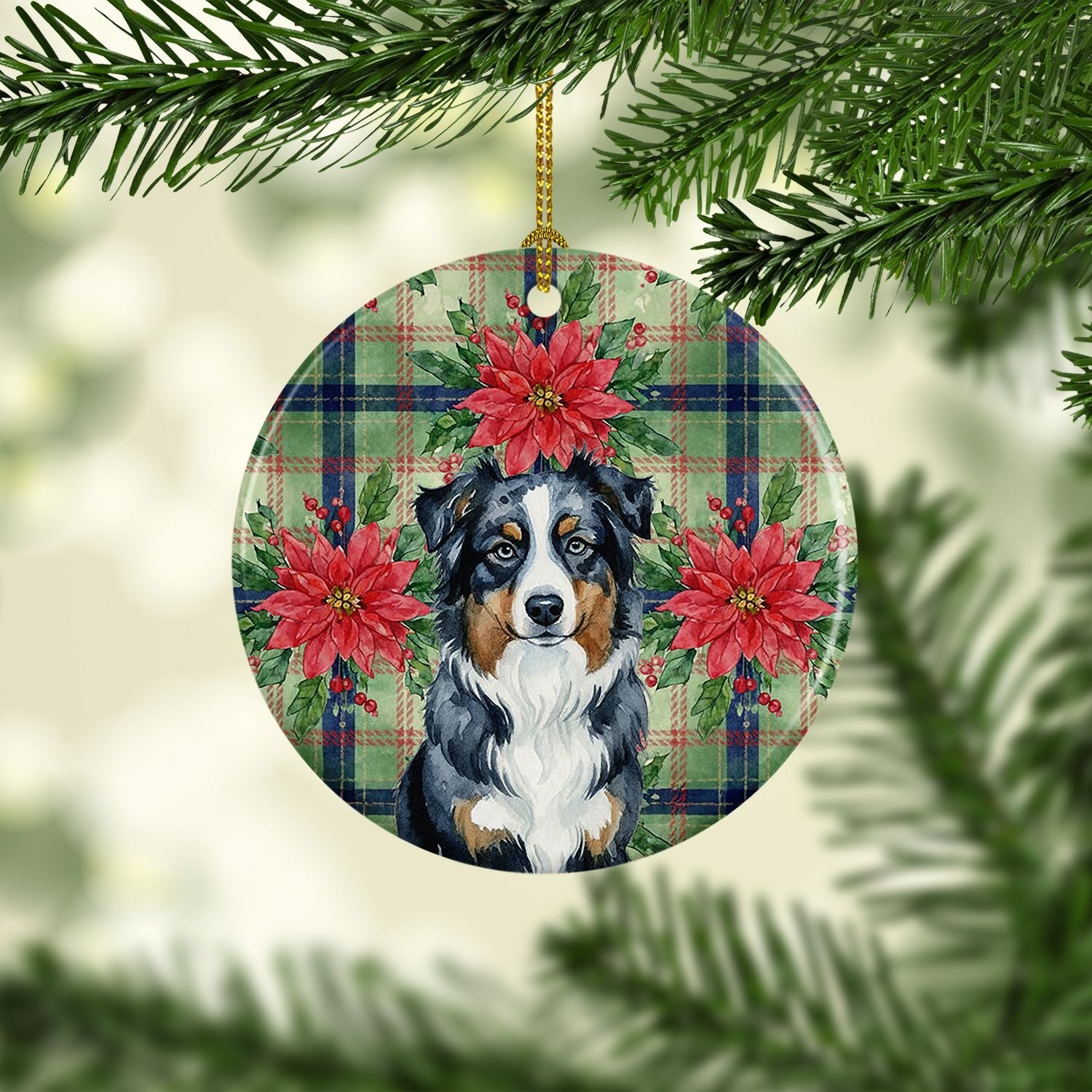 Black Australian Shepherd Christmas PoinsettIas Ceramic Ornament Christmas Tree Hanging Decorations for Home Christmas Holiday, Party, Gift, 3 in, Multicolor