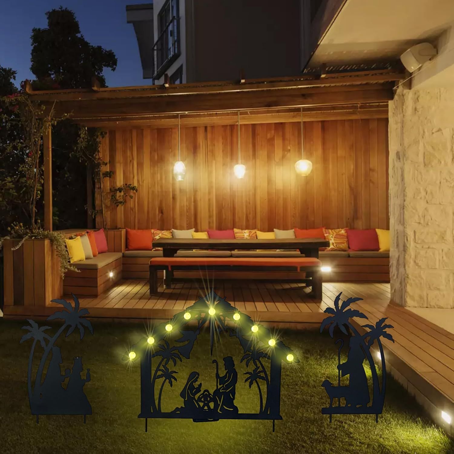 Christmas Garden Jesus Scene Decor, Solar Lighted Outdoor Nativity Set with 9 LED Lights, Christmas Decoration for Indoor Outdoor Holiday Party Garden Yard Lawn Decor