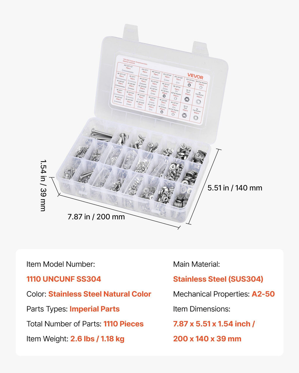 1110 Pcs Bolts Nuts Assortment Kit Imperial Stainless Steel for Furniture