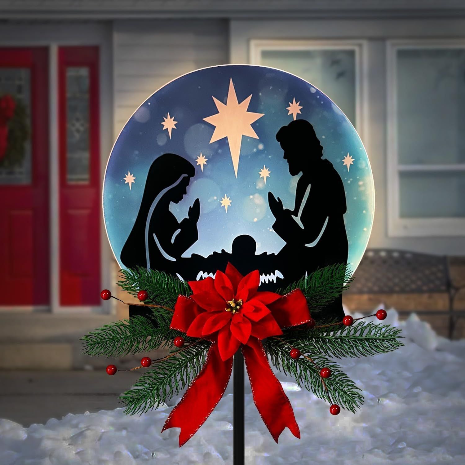 Christmas Garden Jesus Scene Decor, Solar Lighted Outdoor Nativity Set with 9 LED Lights, Christmas Decoration for Indoor Outdoor Holiday Party Garden Yard Lawn Decor