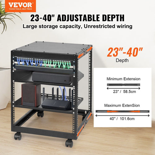 12U Open Frame Server Rack, 23-40 in Adjustable Depth, Free Standing or Wall Mount Network Server Rack, 4 Post AV Rack with Casters, Holds All Your Networking IT Equipment AV Gear Router Modem