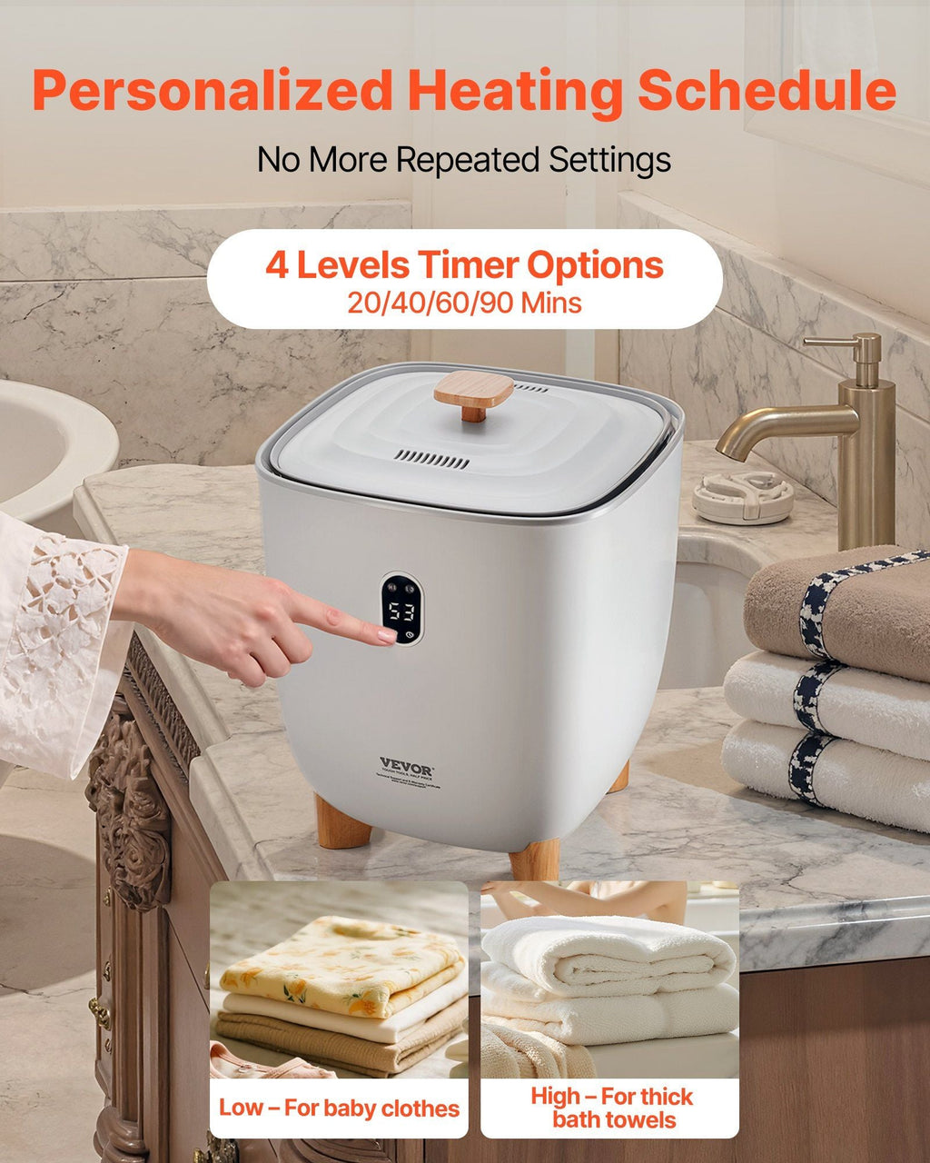 VEVOR Towel Warmer Bucket, 25L Heated Towel Warmer with LED Display, Large Blanket Warmers for Bathroom, 20/40/60/90 Mins Timer and Temperature Setting, for SPA, Home, Countertop, Floor, Gray