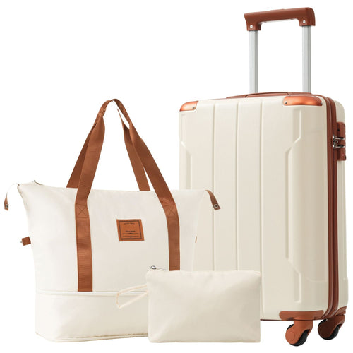 20 Inch Carry On Luggage Set 3 Piece with Spinner Wheels, Lightweight Hardshell ABS Suitcase for Weedend Getaways, Business Travel, White Brown